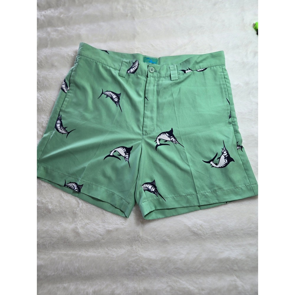 Liquid Flow Mens Marlin Print Board Shorts Mint Green Classic Fit Size 38W